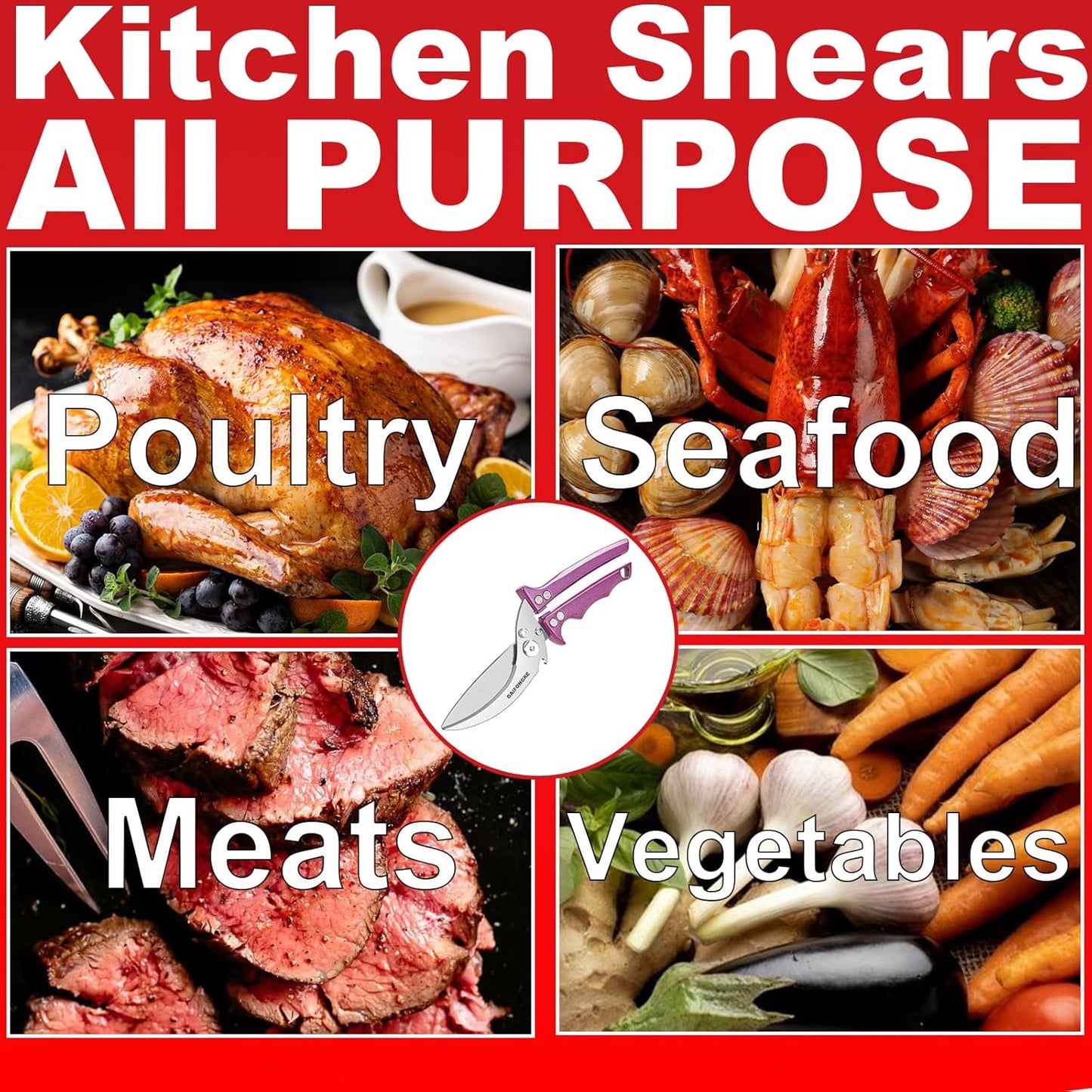 Heavy Duty Poultry Scissors - All Purpose Kitchen Shears for Chicken, Fish & Meat - Easily Separable, Dishwasher Safe (Red)