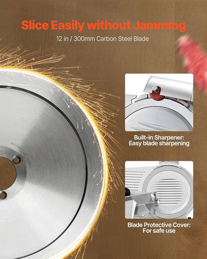 VEVOR Fully Automatic Meat Slicer, 180W + 370W Commercial Food-Slicer with 10" Carbon Steel Blade, Built-In Sharpener & 0-0.3" Adjustable Thickness for Frozen Meat, Ham, Baguett, Steak