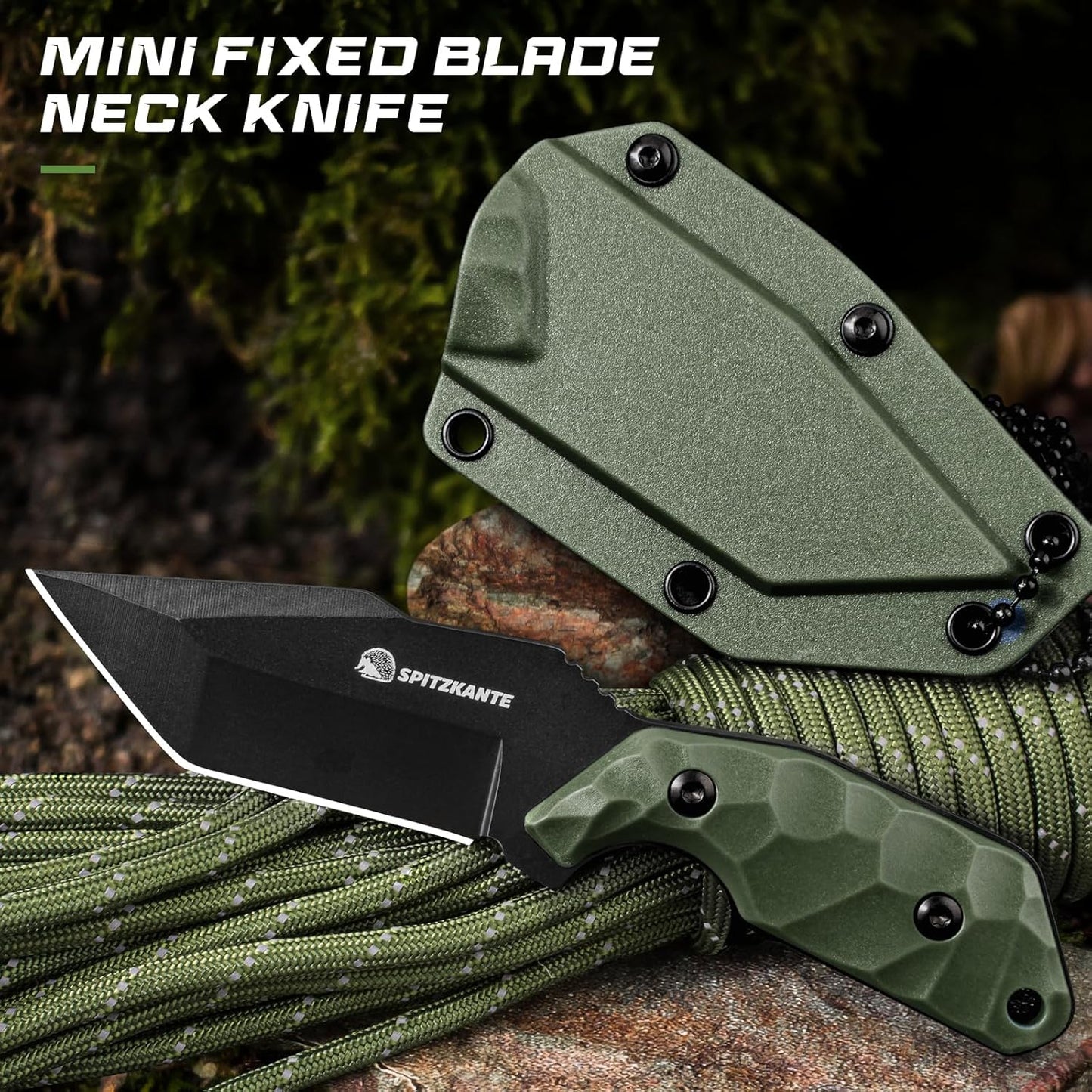 3.07" Neck Knife with Sheath X-TAN-K, Horizontal Carry Knife with Full Tang Tanto 5Cr14MoV Steel Blade, for EDC, Camping, Hiking