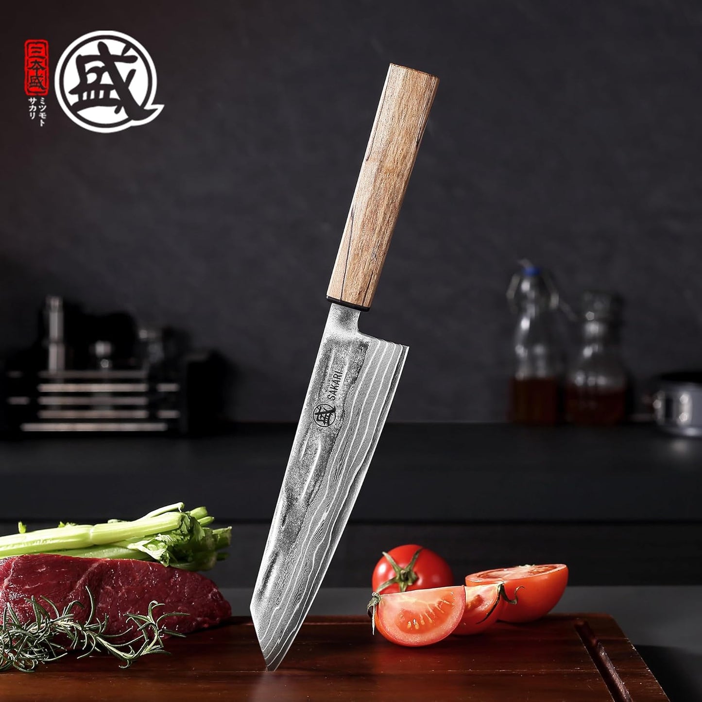MITSUMOTO SAKARI 8 inch Kiritsuke Chef Knife, 129 Layers Damascus CPM S35VN Powder Steel, Hand Forged Japanese Kitchen Knife for Slicing, Trimming & Precise Cutting with Maple Wood Handle