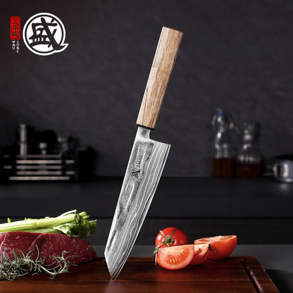 MITSUMOTO SAKARI 8 inch Kiritsuke Chef Knife, 129 Layers Damascus CPM S35VN Powder Steel, Hand Forged Japanese Kitchen Knife for Slicing, Trimming & Precise Cutting with Maple Wood Handle