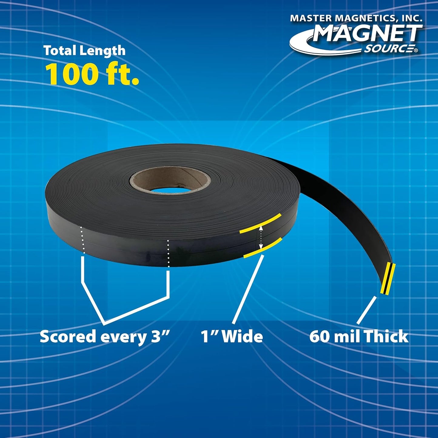 Master Magnetics Flexible Magnet Strip - One-Sided Magnetic Strip, Cuttable Magnet, 0.5" Wide, 0.06" Thick, 100 Feet, ZGN10PBX
