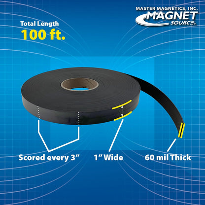 Master Magnetics Flexible Magnet Strip - One-Sided Magnetic Strip, Cuttable Magnet, 0.5" Wide, 0.06" Thick, 100 Feet, ZGN10PBX