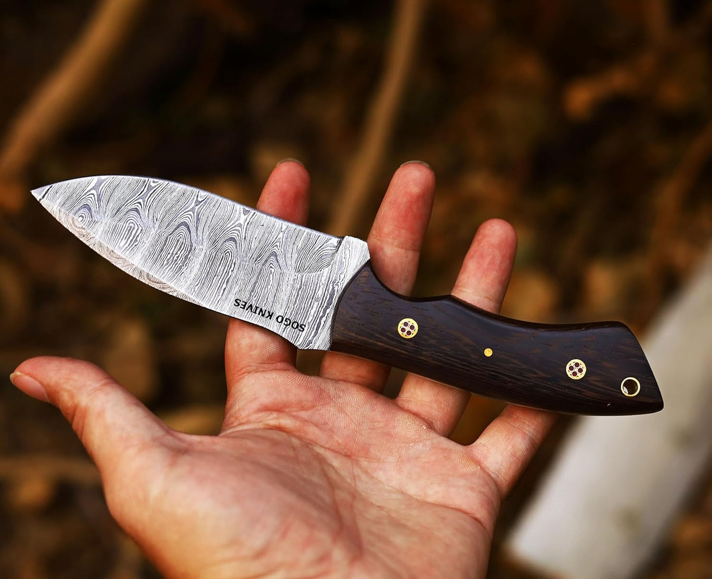 Fixed Blade Damascus Steel Hunting Knife with Leather Sheath, 9'' Full Tang Hunting Skinning,Non-Slip Wooden Handle,Camping Knife (VENGI)