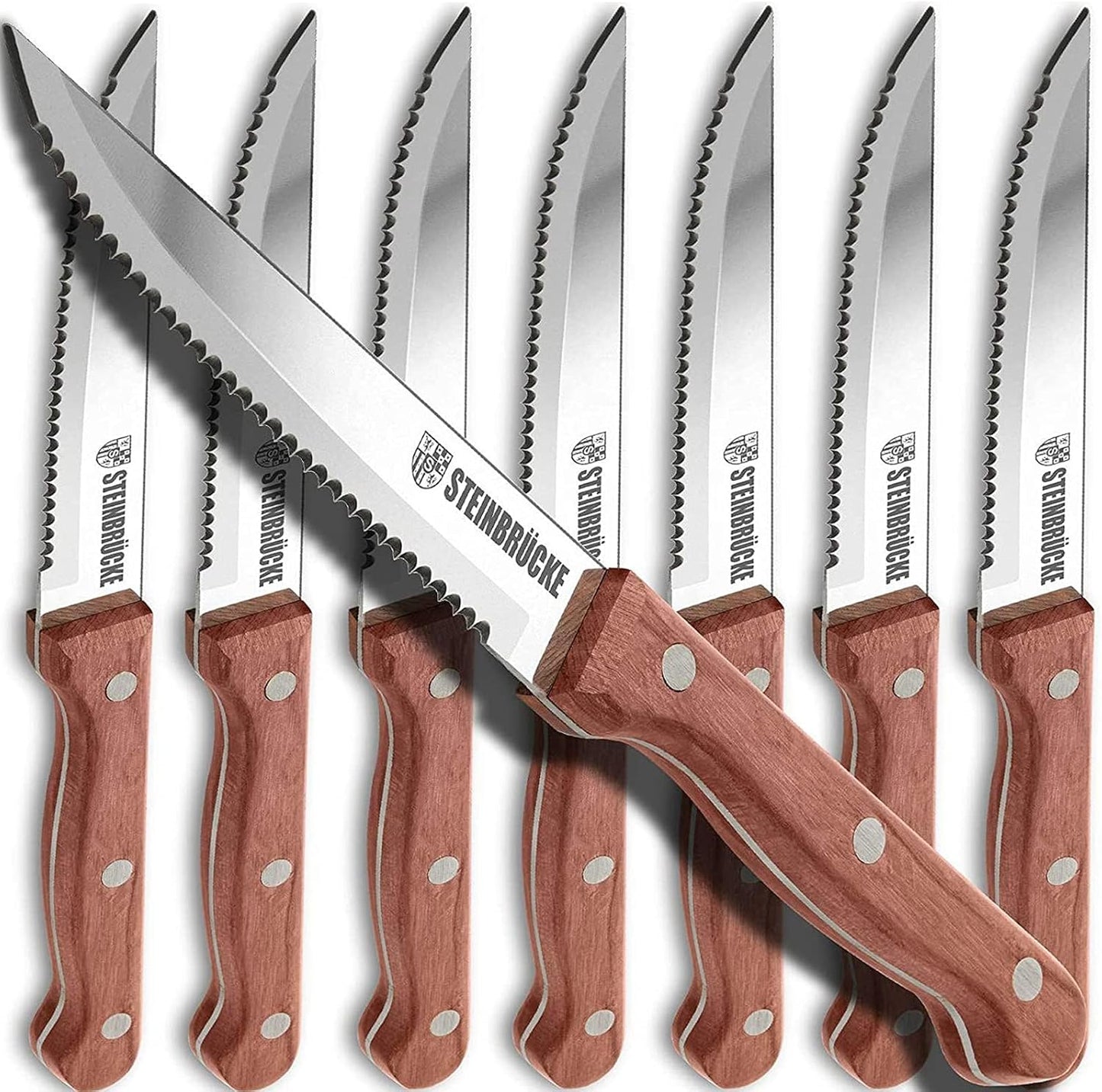 Steak Knife Set - Steak Knife with Wooden Handle, Knives Set for Kitchen, Serrated Steak Knives Set of 8, Classic Full Tang Design, 5Cr15Mov Stainless Steel Blade