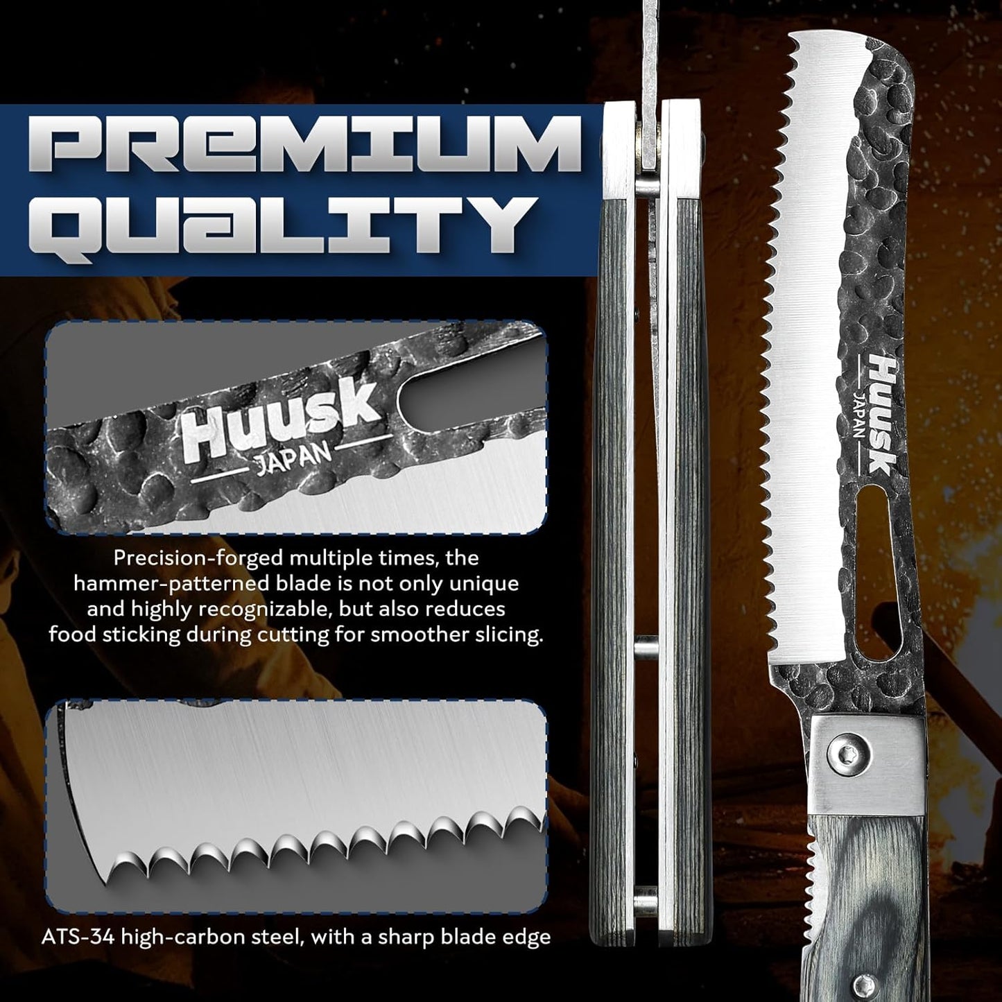 Huusk Folding Chef Knife Set - Japanese Hand Forged Pocket Knife Set - Including Nakiri, Santoku, Bread and Fruit Knives - Gifts for Men and Women