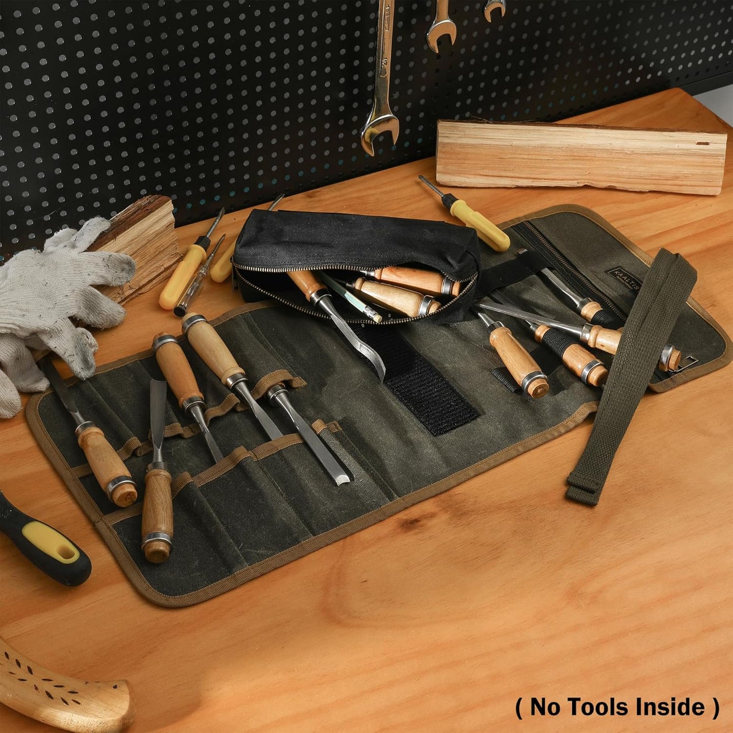 16OZ Waxed Canvas Tool Roll Bag, Heavy Duty Tool Storage Roll Bag with 7 Tool Slots & 1 Detachable Pouch, Khaki Tool Organizer for Wrenches and Tools (23.5"L x 9.5"W)