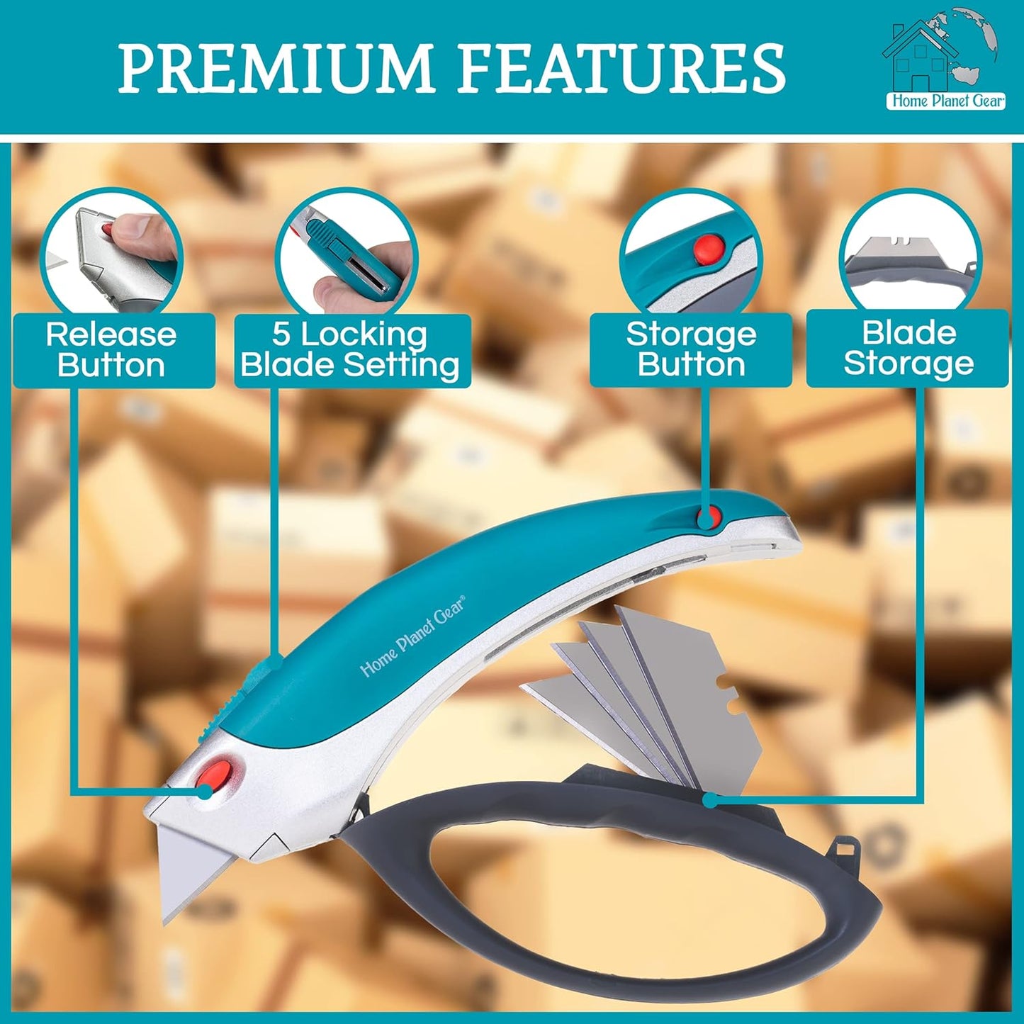 Box Cutter Retractable Utility Knife - Two Pack Heavy Duty Box Cutter Knife Cardboard Cutter - Box Opener Razor Knife - Box Knife Carpet Cutter with 5 Sharp Utility Blades (Blue 2 Pack)