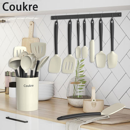 Coukre Silicone Kitchen Cooking Utensils Set with Holder – Heat-Resistant, Food-Grade Kitchen Tools, Spatula, Spoon & Gadgets for Non-Stick Pans, Dishwasher Safe (14, PureBlack)