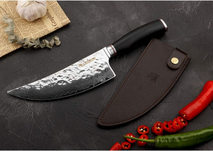 YOUSUNLONG Butcher Cleaver Knife 8 Inch - Meat Cleavers Japanese Hammered Damascus Stainless Steel Natural Leadwood Handle with Leather Sheath