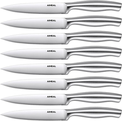 Aiheal Steak Knives, Stainless Steel Steak Knives Set of 8, Never Needs Sharpening Dinner Steak Knife Set, Sharp Micro Serrated Knives