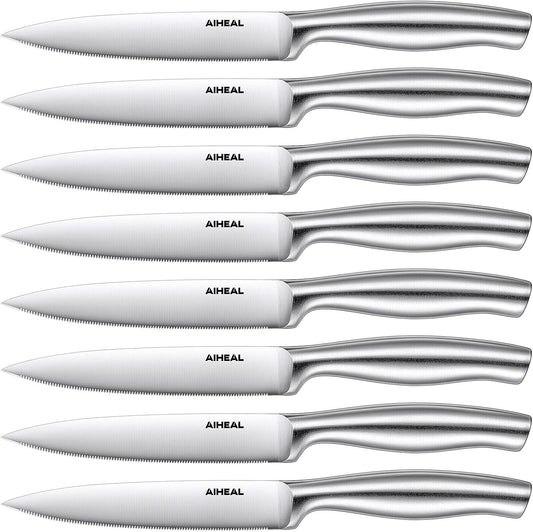 Aiheal Steak Knives Set of 8 with Clear Acrylic Stand, Stainless Steel Steak Knife Set, Sharp Micro-Serrated Steak Knives, Easy to Store