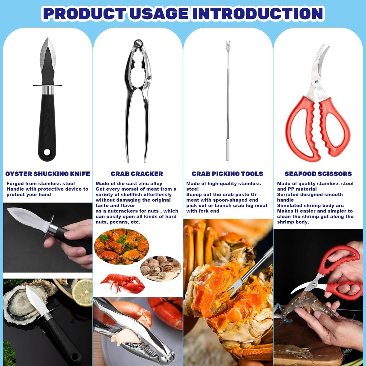 19Pcs Seafood Tools Includes Sea Food Scissors, Crab Crackers, Oyster Knife, Lobster Crackers, Crab Hammer and Shellfish Forks, Nutcracker Set for Restaurants, Picnic and Home Use