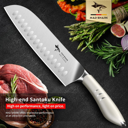 MAD SHARK 8 Inch Santoku Knife - Ultra Sharp Japanese Kitchen Knife with High Carbon German Steel, Ergonomic Handle, Ideal for Slicing, Dicing, Cutting - Unique Gift for Chefs, Men & Women (Black)