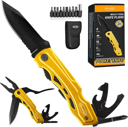 RoverTac Pocket Knife, 15-in-1 Multitool with Pliers, Bottle & Can Opener, 9 Screwdriver Bits, Locking Mechanism & Nylon Sheath - EDC Multi Tool for Camping, Hiking & DIY, Gift for Men & Dad