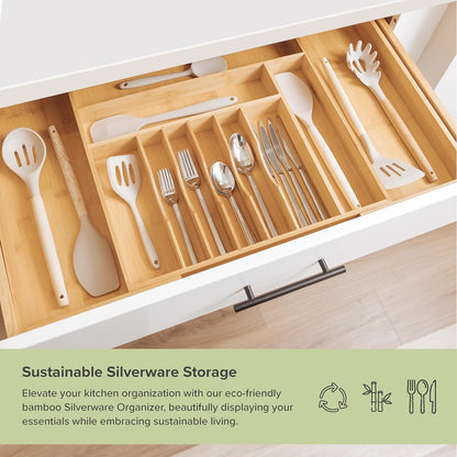 KitchenEdge Premium Silverware, Flatware and Utensil Organizer for Kitchen Drawers, Food-Safe Contract Grade, Expandable from 18 to 33 In, Natural Bamboo
