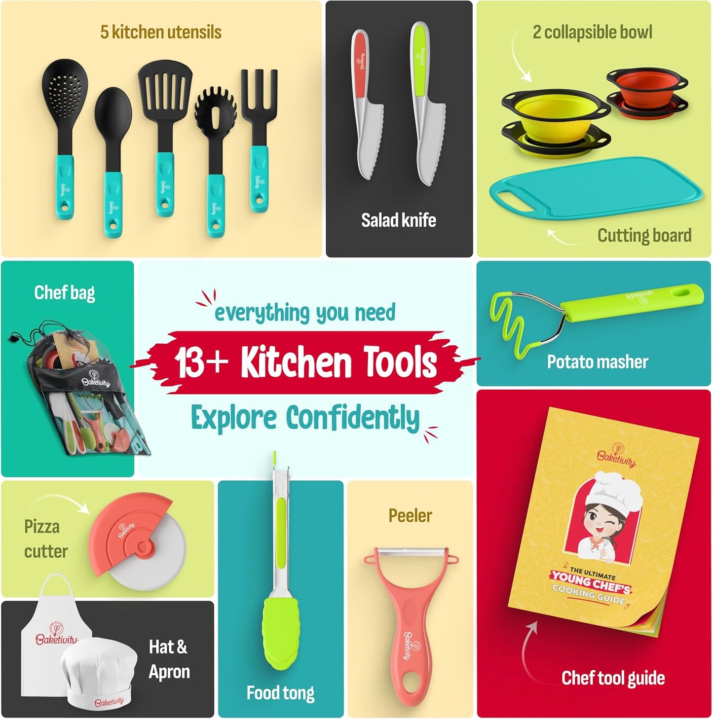 Baketivity Kid Safe Plastic Knives for Real Cooking with Cutting Board, Peeler for Kitchen - Knife Set with Blunt Tip, Dishwasher Safe, BPA Free Kids Knives for Cutting