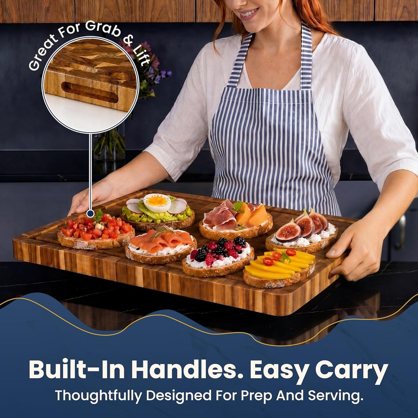HOMESTEAD End Grain Acacia Wood Cutting Board for Kitchen 23x18x1.5 in, Large Butcher Block Chopping Board for Meat Vegetables with Juice Groove, Handles and Knife-Friendly Surface