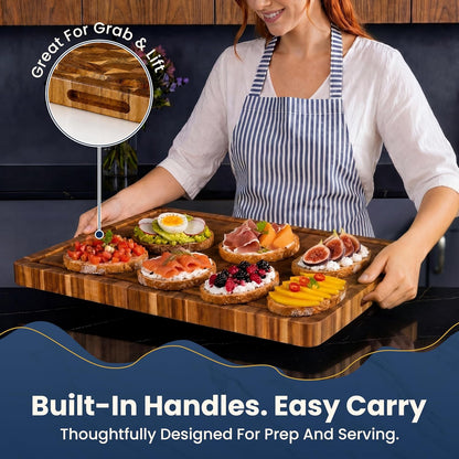 HOMESTEAD End Grain Acacia Wood Cutting Board for Kitchen 23x18x1.5 in, Large Butcher Block Chopping Board for Meat Vegetables with Juice Groove, Handles and Knife-Friendly Surface