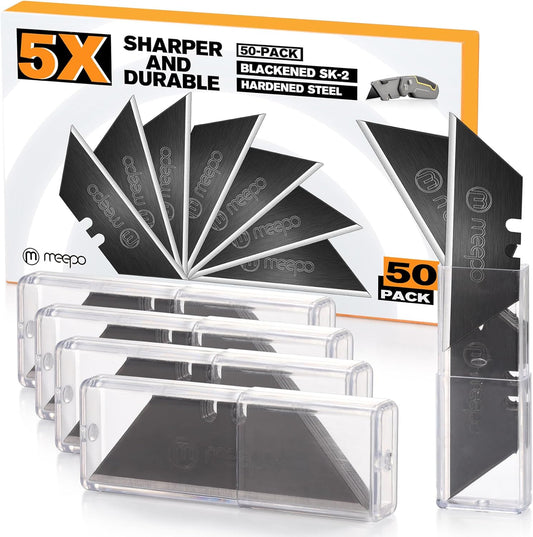 M MEEPO 100-Pack Utility Knife Blades, Titanium Fully Plated, Durable SK-2 Razor Blades for Utility Knife Box Cutter, Never Rust, Extra Durable, With 1-blade & 5-blade Dispenser