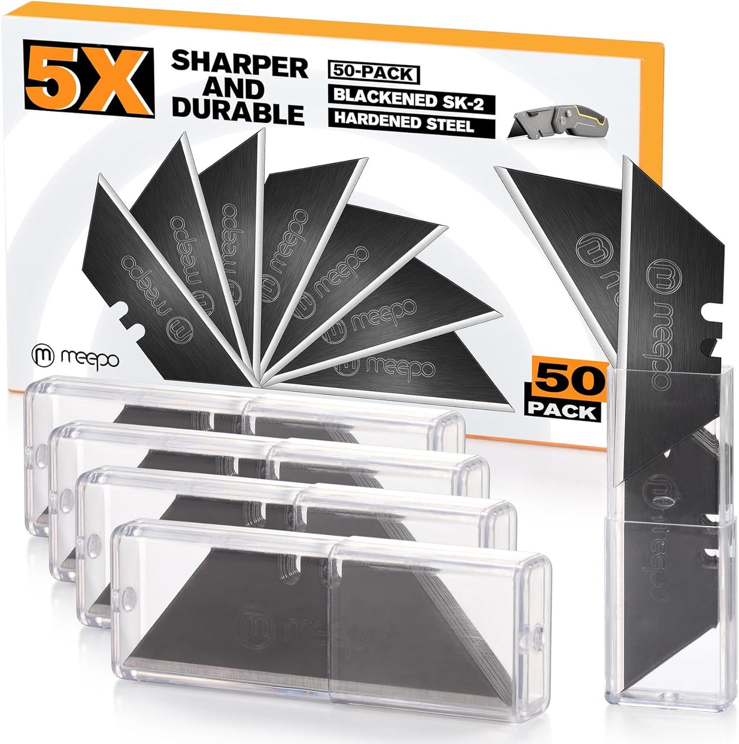 M MEEPO 50-Pack Utility Knife Blades, Titanium Fully Plated, Durable SK-2 Razor Blades for Utility Knife Box Cutter, Never Rust, Extra Durable