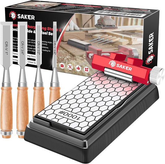 Saker Chisel Sharpening Jig,Wood Honing Guide with Whetstone - Red Off-Center Upgraded Honing Tool and Diamond Sharpening Stone Set Kit for Knife, Short Chisels and Planes