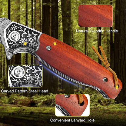 KOMWERO Damascus Pocket Knife for Men, VG10 Core Damascus Steel Folding Knife with Wood Handle, Ball Bearing, Thumb Hole, Liner Lock, Sheath for EDC Outdoor Survival Hunting