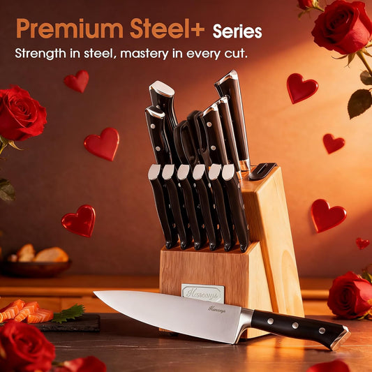 Knife Block Set, 15 Pcs Kitchen Knife Set, Enduring Ultra Sharp High Carbon German Stainless Steel Chef Knives Set with Built-In Sharpener, Full Tang Ergonomic Handle, Black