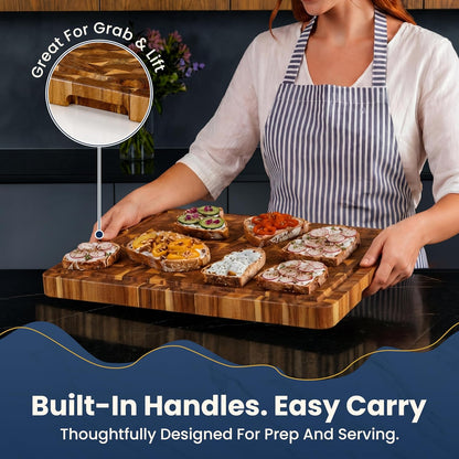 HOMESTEAD End Grain Acacia Wood Cutting Board for Kitchen 23x18x1.5 in, Large Butcher Block Chopping Board for Meat Vegetables with Juice Groove, Handles and Knife-Friendly Surface