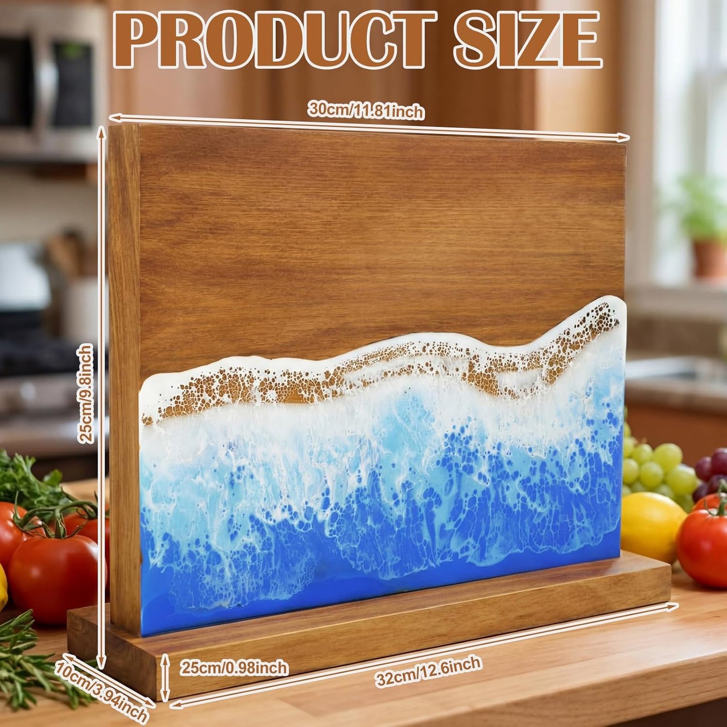 Magnetic Knife Block Double Sided Magnetic Knife Board Acacia Wood Blue Resin Ocean River Magnet Knives Holder Stand for Kitchen Storage Counter Gifts for New Home 13 x 10 Inch Without Knives