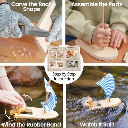 Kibbidea Kids Whittling Knife Set, Safe Kids Wood Carving Knife with Rounded Tip & Sheath, STEM Woodworking Kit with Wooden Boat DIY Project, Beginner Camping Bushcraft Knife for Boys & Girls