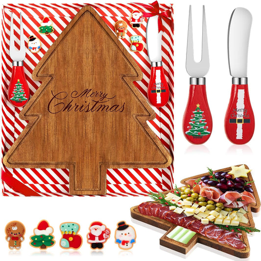 Ziliny 1 Set Mini Christmas Tree Cheese Board Set with Knives, Holiday Xmas Tree Cutting Board Wood Small Charcuterie Serving Tray Gift for Xmas Party Kitchen Decoration (Bamboo Color)