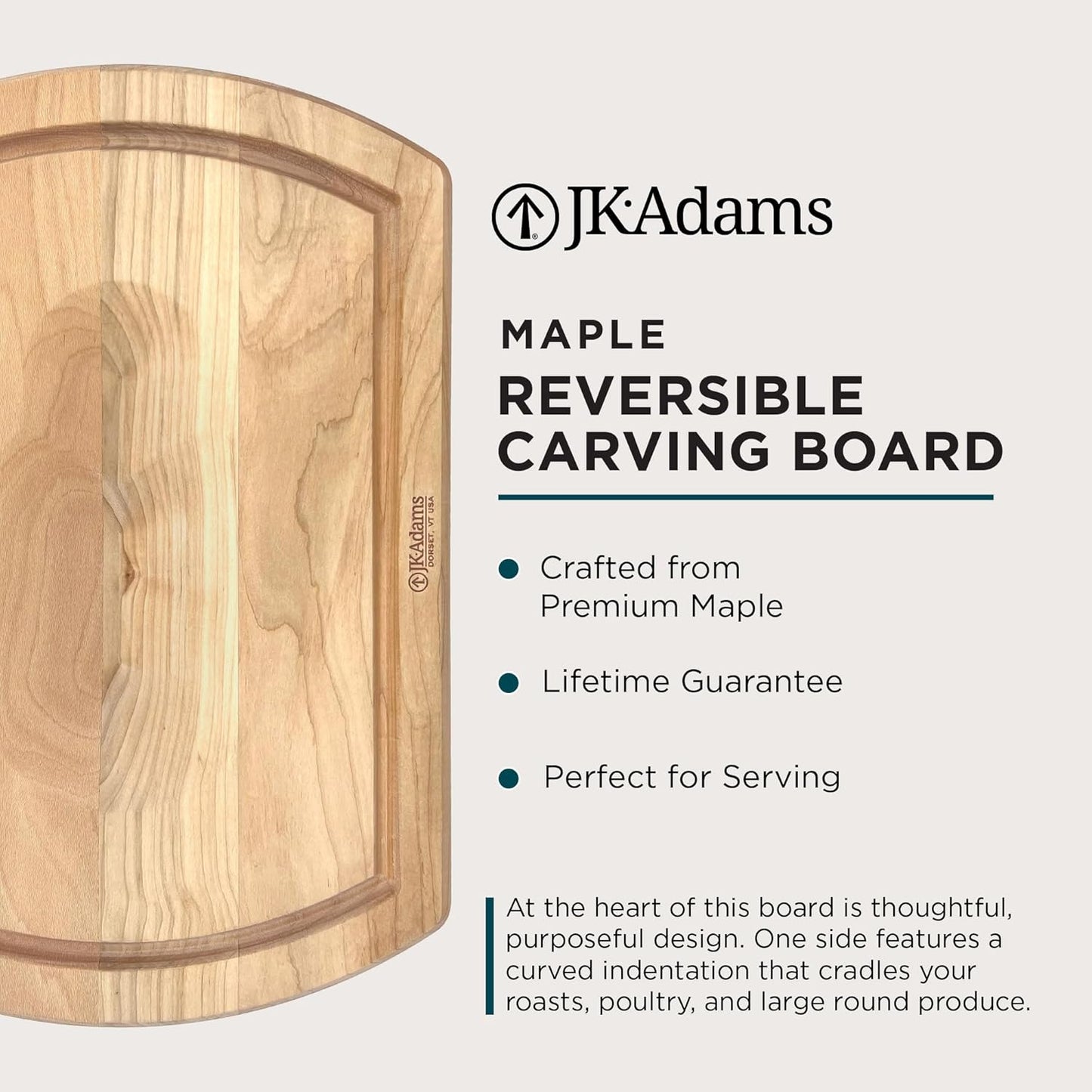 J.K. Adams Reversible Carving Board, Maple Wood Kitchen Cutting Board with Indentation & Juice Groove, 20" x 14" x 1.25" for Food Prep Chopping