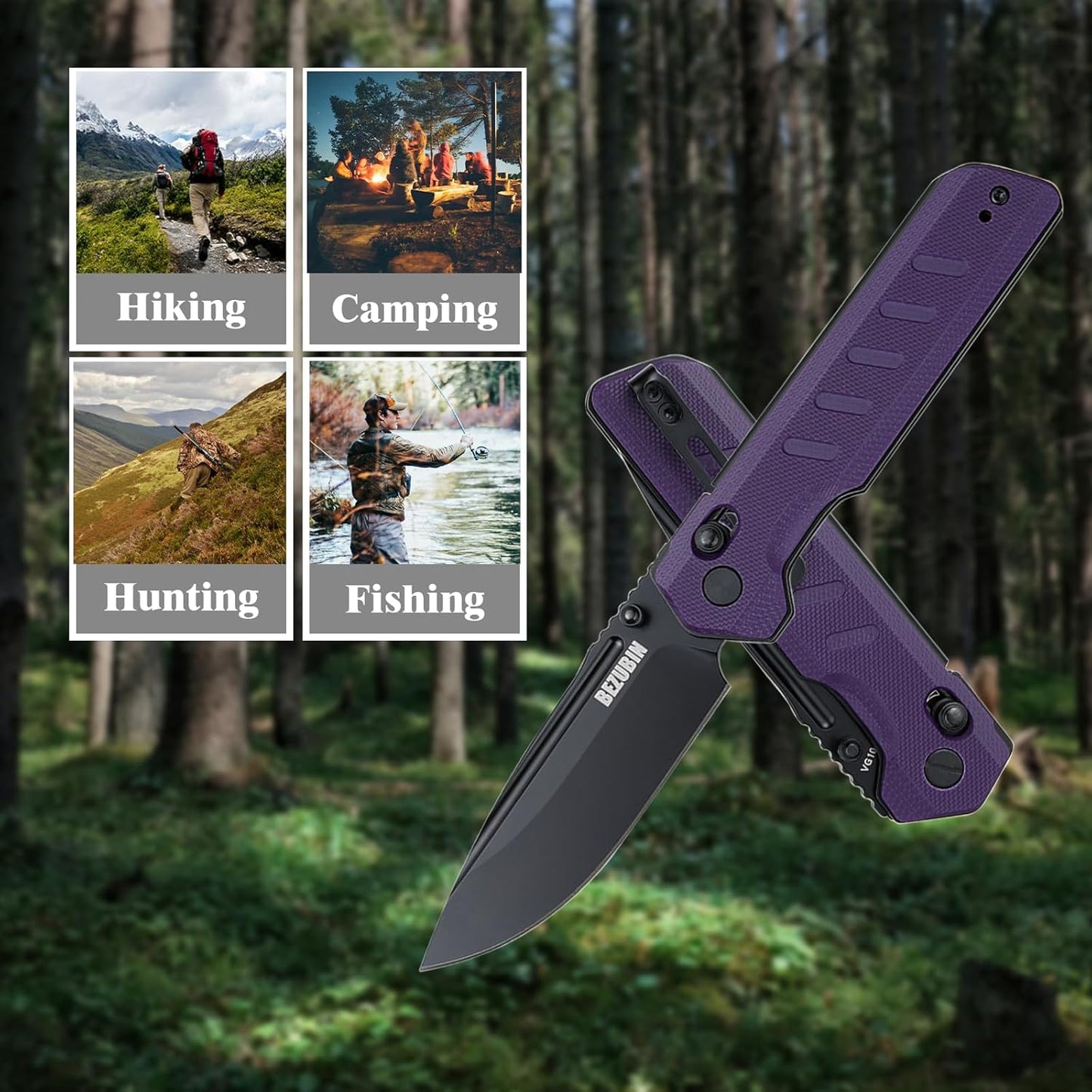 Folding Pocket Knife 3.25" VG10 Blade EDC Folding Knife with Safety Axis Lock Black G10 Handle Hunting Camping Knife with Thumb Stud Opener
