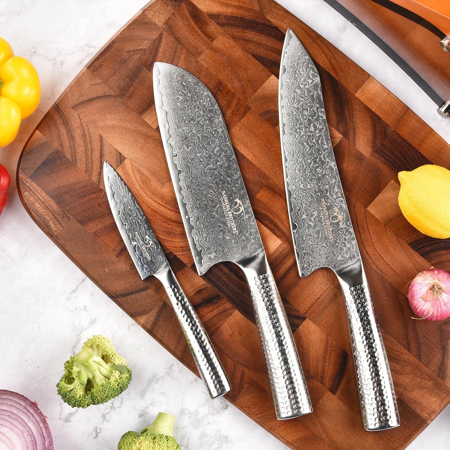 18 Pieces Damascus Kitchen Knife Set, 8 Piece Steak Knives, Non-slip ABS Ergonomic Triple Rivet Handle for Meat Fork, Knife Sharpener and Shears, 17 Slots Fraxinus Manchuria Knife Block (Grey)