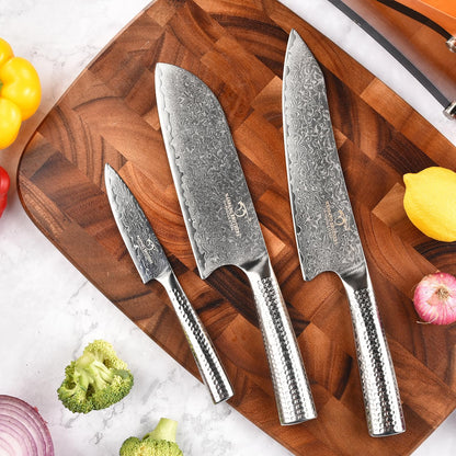 18 Pieces Damascus Kitchen Knife Set, 8 Piece Steak Knives, Non-slip ABS Ergonomic Triple Rivet Handle for Meat Fork, Knife Sharpener and Shears, 17 Slots Fraxinus Manchuria Knife Block (Grey)