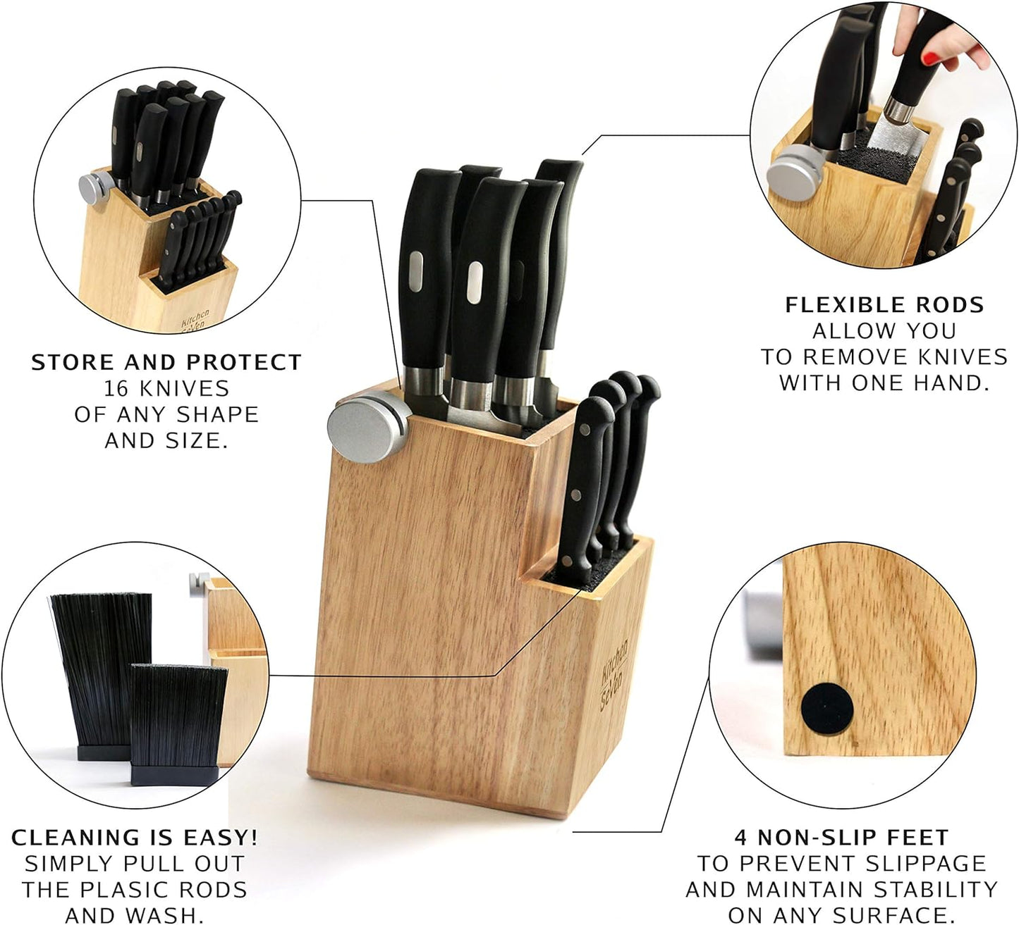 Bamboo Universal Knife Block - Knife Holder with 2 Built-In Knife Sharpeners - 2-Tiered Modern Knife Storage Up to 16 Large and Small Knives Easy Clean Wooden Knife Organizer by Kitchen Seven