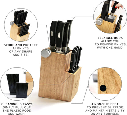 Bamboo Universal Knife Block - Knife Holder with 2 Built-In Knife Sharpeners - 2-Tiered Modern Knife Storage Up to 16 Large and Small Knives Easy Clean Wooden Knife Organizer by Kitchen Seven