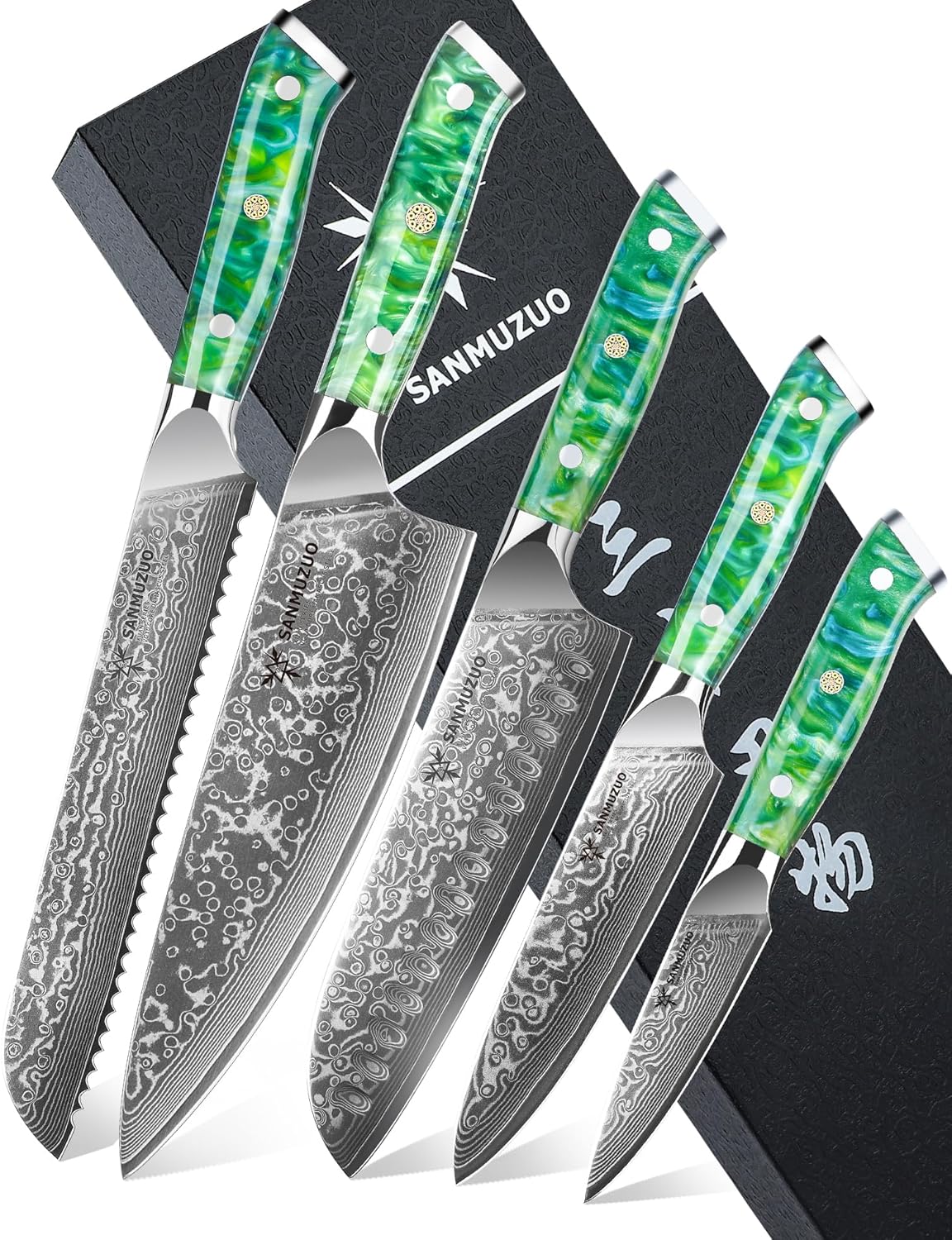 Steak Knives Set of 4, Ultra Sharp Non Serrated Kitchen Steak Knife 5 Inch - Damascus Steel & Resin Handle - Xuan Series (Sapphire Blue)