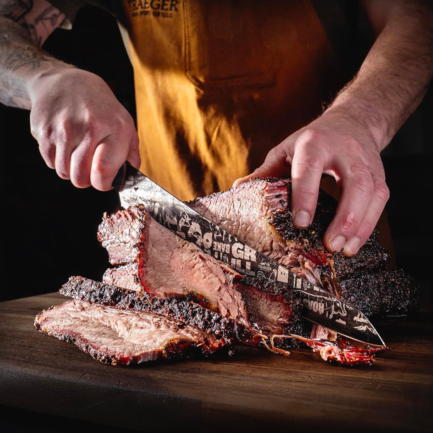 Traeger Grills BBQ Slicing Knife – Long Rigid German X50 Stainless Steel Blade for Clean, Precise Cuts on Brisket & Large Meat, Rust-Resistant & Ultra-Sharp - Made in partnership with Messermeister