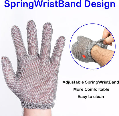 Chainmail Gloves for Cutting,Highest Level Cut Resistant,Spring Wristband,Stainless Steel Metal Mesh Gloves,Butcher Glove for Meat Cutting Food Processing Oyster Shucking Kitchen Fish Fillet,M