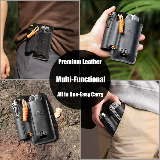 Topstache Leather Multitool Sheath with Belt Clip - Multi Tool Holster for Belt - EDC Belt Organizer Fits Multitool, Flashlight, Pen - Leather EDC Pouch, DarkBrown