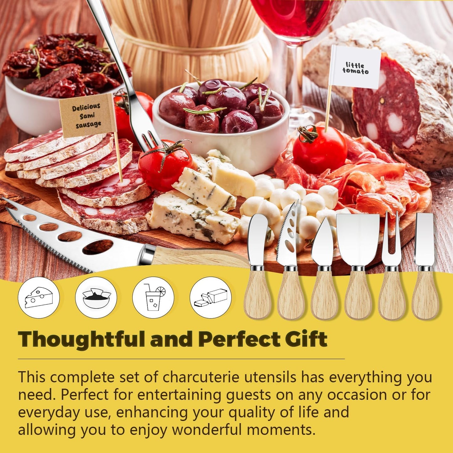 Charcuterie Boards Accessories Gold Charcuterie Utensils Cheese Butter Spreader Knife Set with Wooden Handles Small Serving Tongs Mini Forks and Spoons Flags Toothpick for Party Platter Appetizers