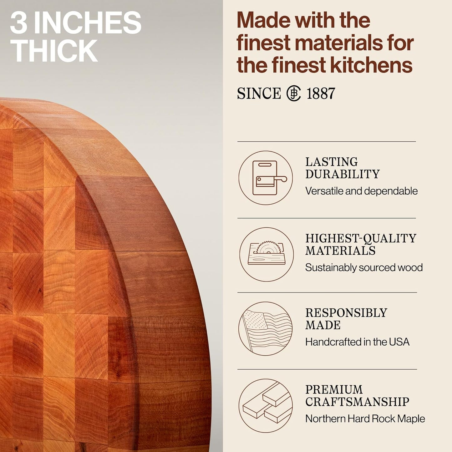 John Boos CCB Series Round Wooden Maple Cutting Board 18”x18” – 3” Thick, 22-lb Non-Reversible Butcher Block with End-Grain – Made in the USA