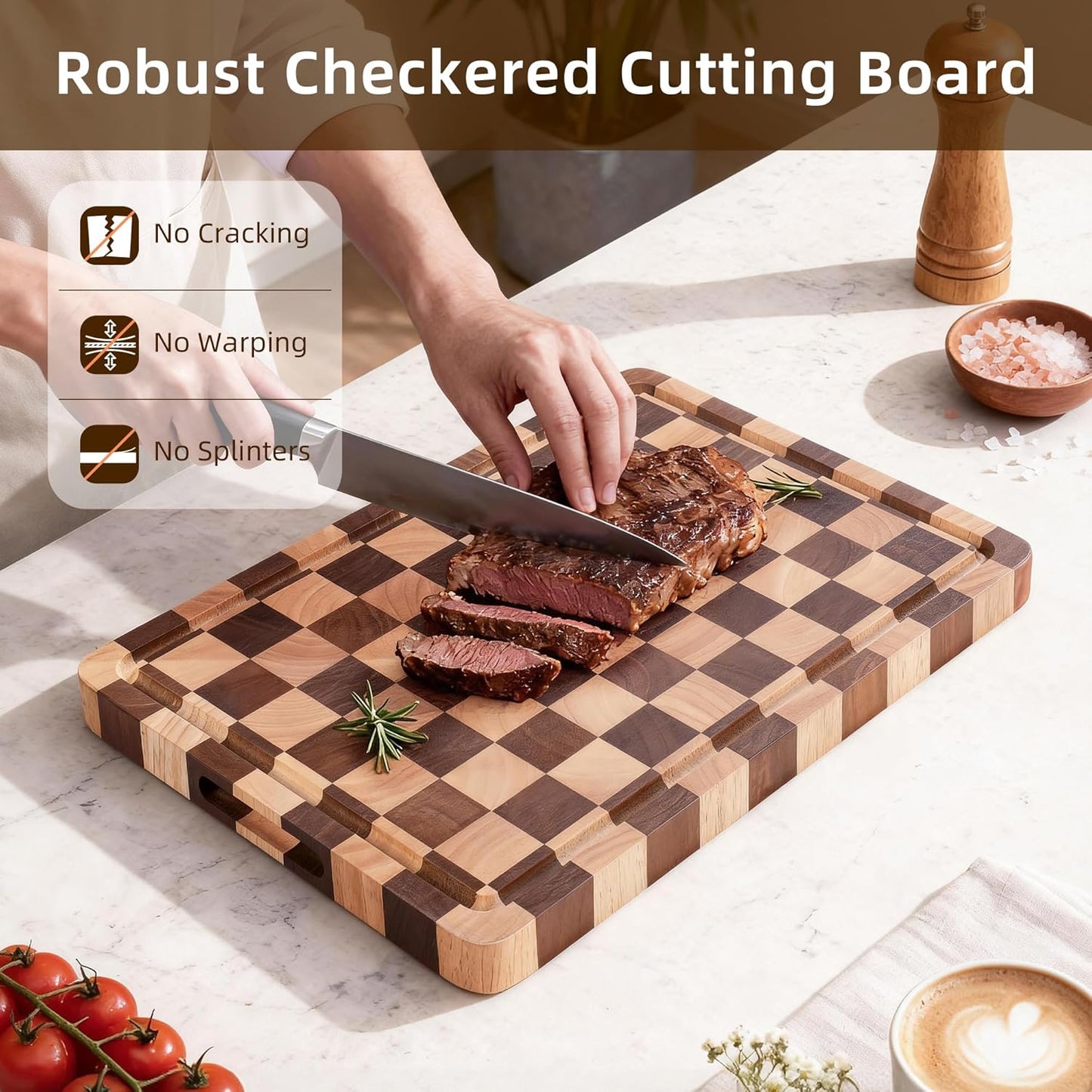 Checkered Cutting Board for Kitchen - Solid Wood End Grain Checkerboard Chopping Board with Handle & Juice Groove, Double Sided for Cooking, Serving and Decor, Rectangular 16" x 12" x 1"