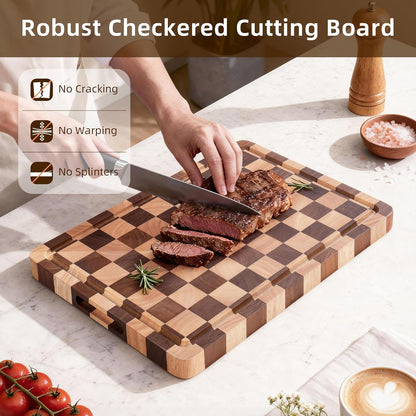 Checkered Cutting Board for Kitchen - Solid Wood End Grain Checkerboard Chopping Board with Handle & Juice Groove, Double Sided for Cooking, Serving and Decor, Rectangular 16" x 12" x 1"