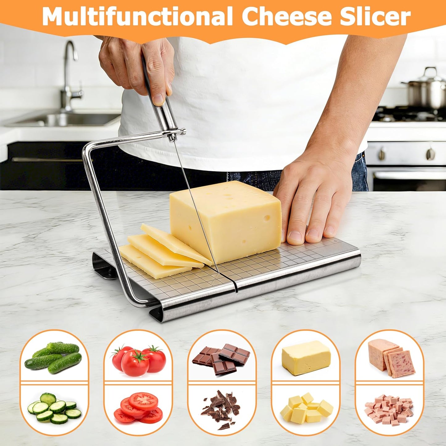 RedCall Cheese Slicer with 4 Piece Cheese Knives Set, Stainless Steel Cheese Cutter with Measuring Grids,Tightness Adjustable Wire Cheese Slicer for Block Cheese, with 5 Extra Wires