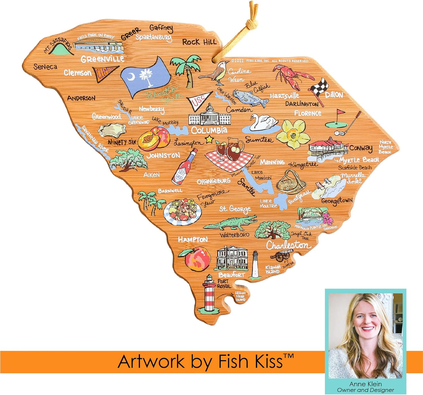 Totally Bamboo Tennessee State Shaped Cutting Board and Charcuterie Serving Platter with Artwork by Fish Kiss, Includes Hang Tie for Wall Display - Colors A