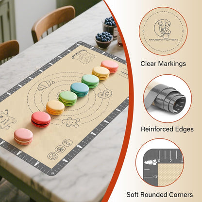 Extra Thick Silicone Baking Mat with Recipes - 26x16 inch Non Stick Pastry Mat with Measurements for Sourdough, Macarons, Bread, Pizza, Dough Rolling, Kneading, Heat Resistant to 480°F Gift for Baker