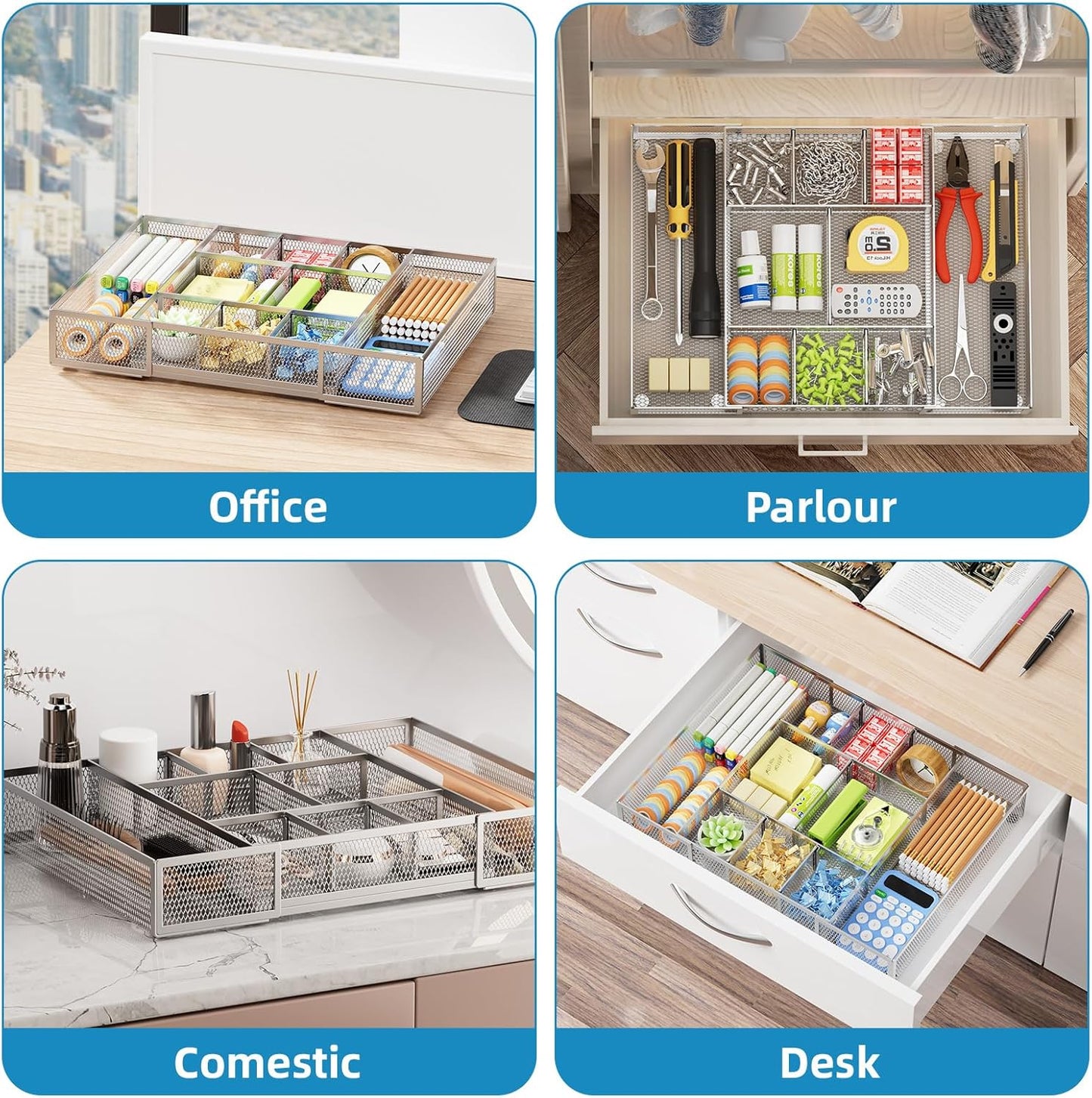 Marbrasse Expandable Desk Drawer Organizer, Mesh Drawer Organizer Tray with 10 Adjustable Compartments, Desk Organizers and Accessories for Office Supplies, Makeup & Vanity (Expandable White-2 pack)
